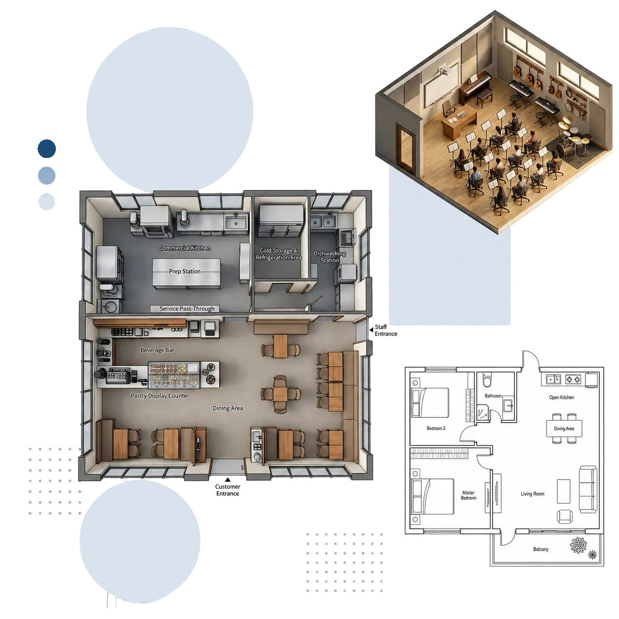 2D, 2.5D and 3D floor plan styles side by side