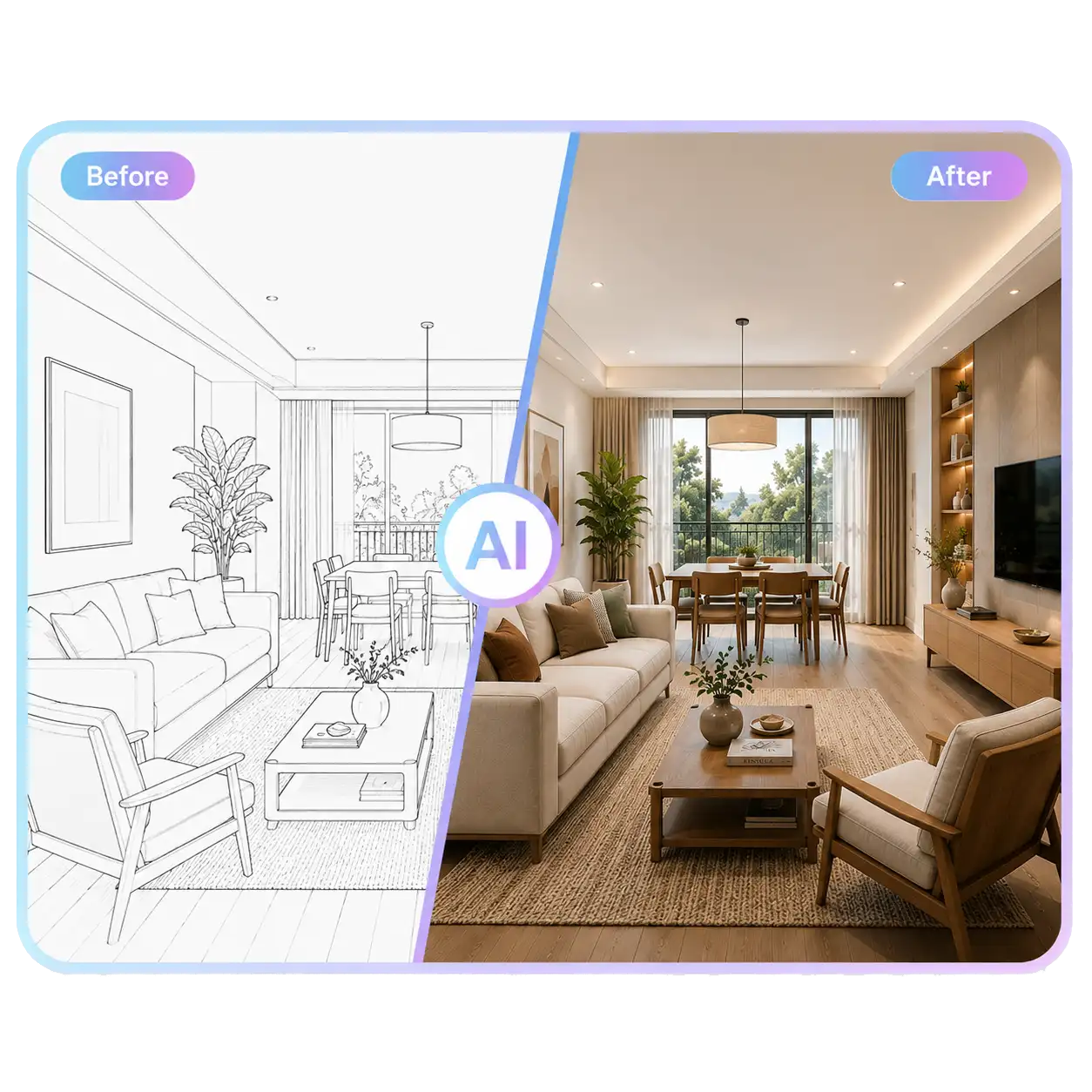 Rendered floor plan with furniture