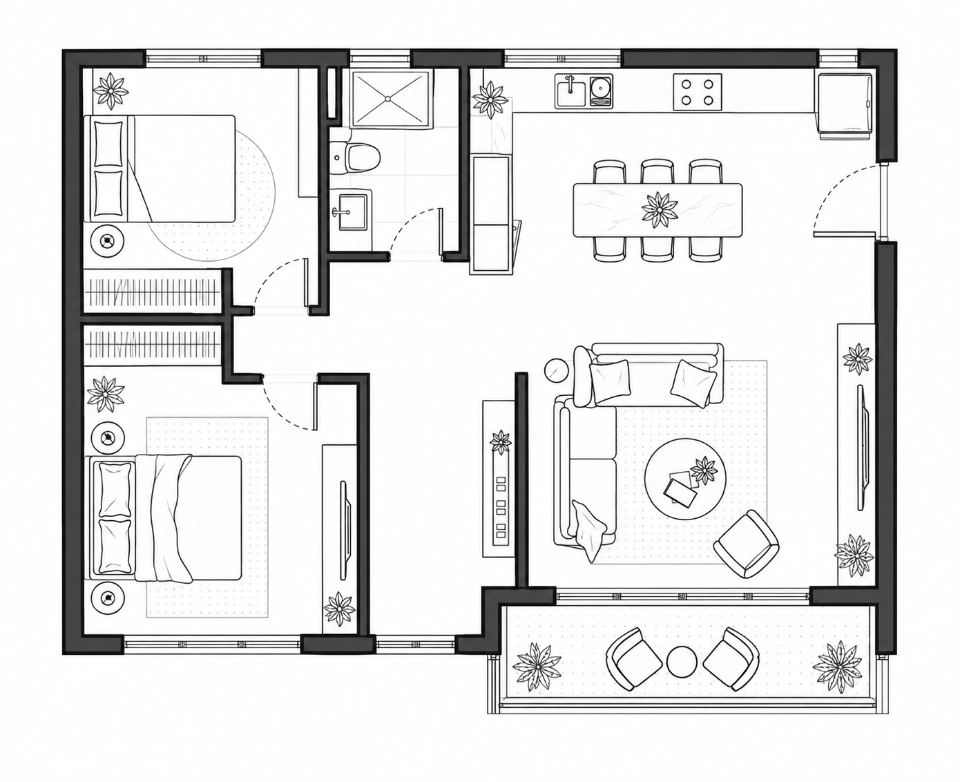 Monochrome 2D floor plan of a two-bedroom apartment