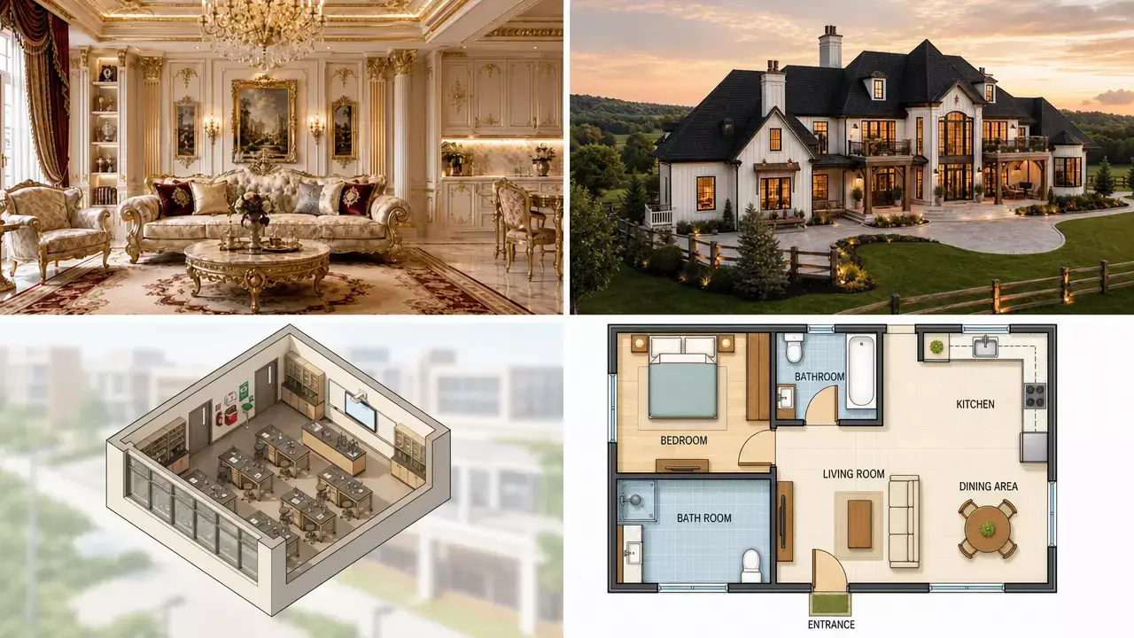 AI design examples: a living room interior, a house exterior, a 3D isometric classroom and a 2D floor plan